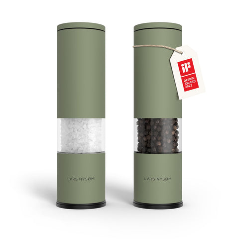 LARS NYSØM Lagom grinders in sage green on a kitchen counter for easy at-table seasoning.