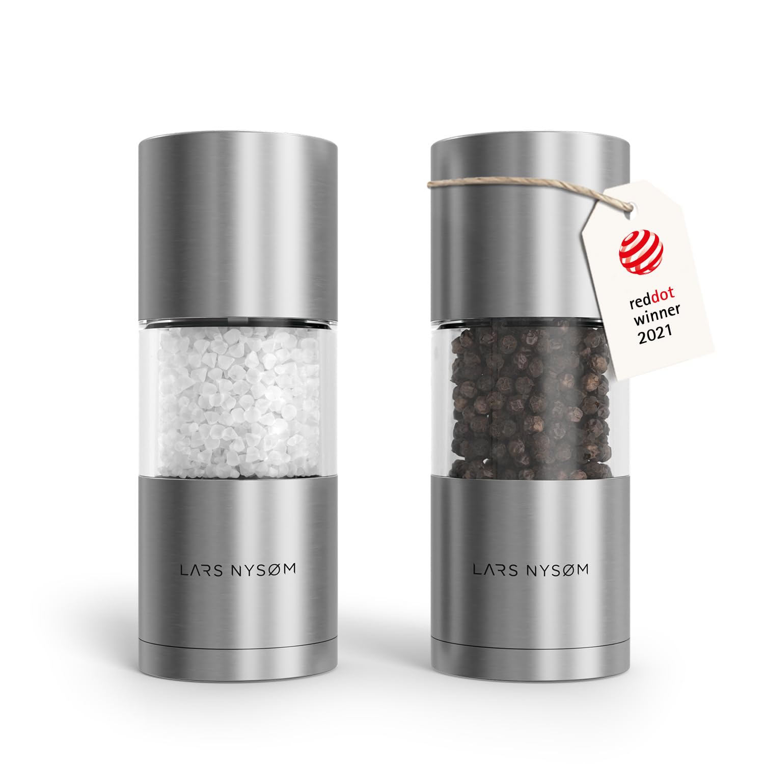LARS NYSØM salt and pepper grinder set front view, sleek stainless steel for modern kitchens