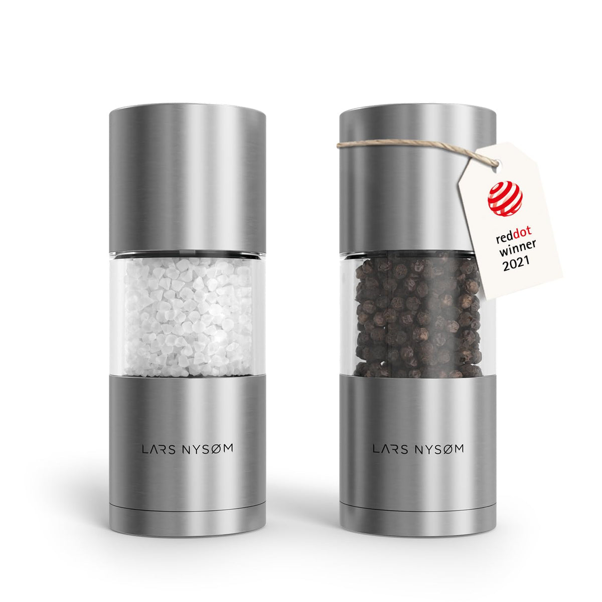 LARS NYSØM salt and pepper grinder set front view, sleek stainless steel for modern kitchens