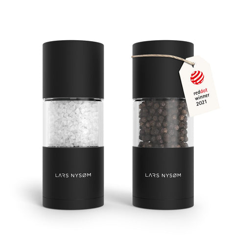 LARS NYSØM Sjæl salt and pepper mill set in carbon black, stylish kitchen pairing.