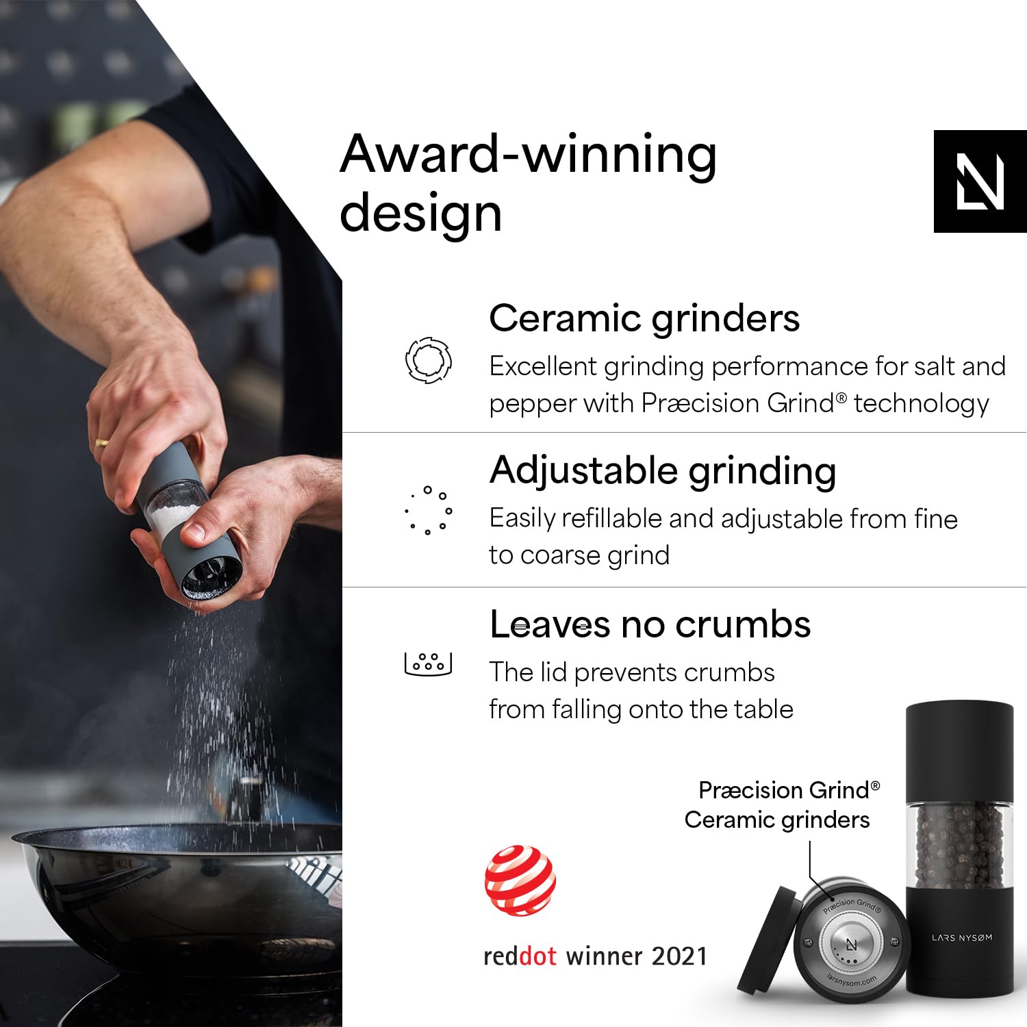 Sjæl adjustable ceramic grinder enabling precise salt or pepper texture.