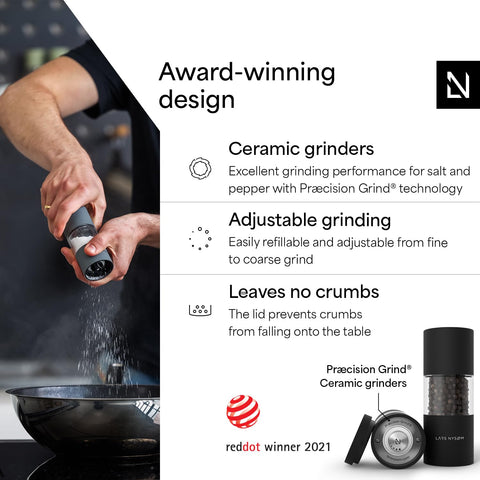 Sjæl adjustable ceramic grinder enabling precise salt or pepper texture.