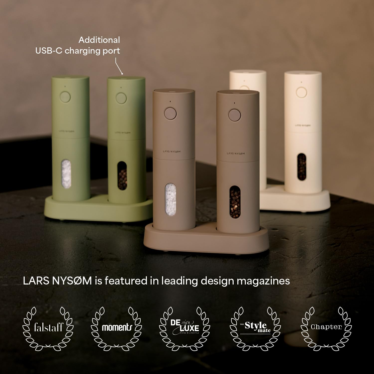 LARS NYSØM Spaending USB rechargeable salt and pepper mills for convenience.