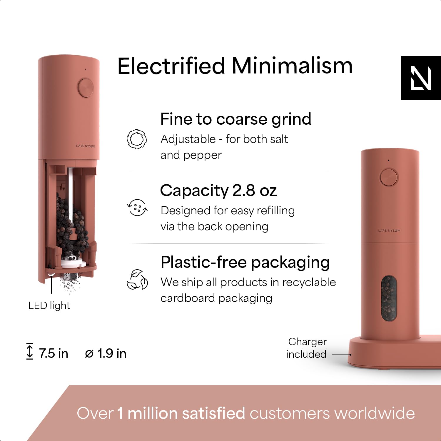 USB rechargeable design of the LARS NYSØM mill enables cordless use