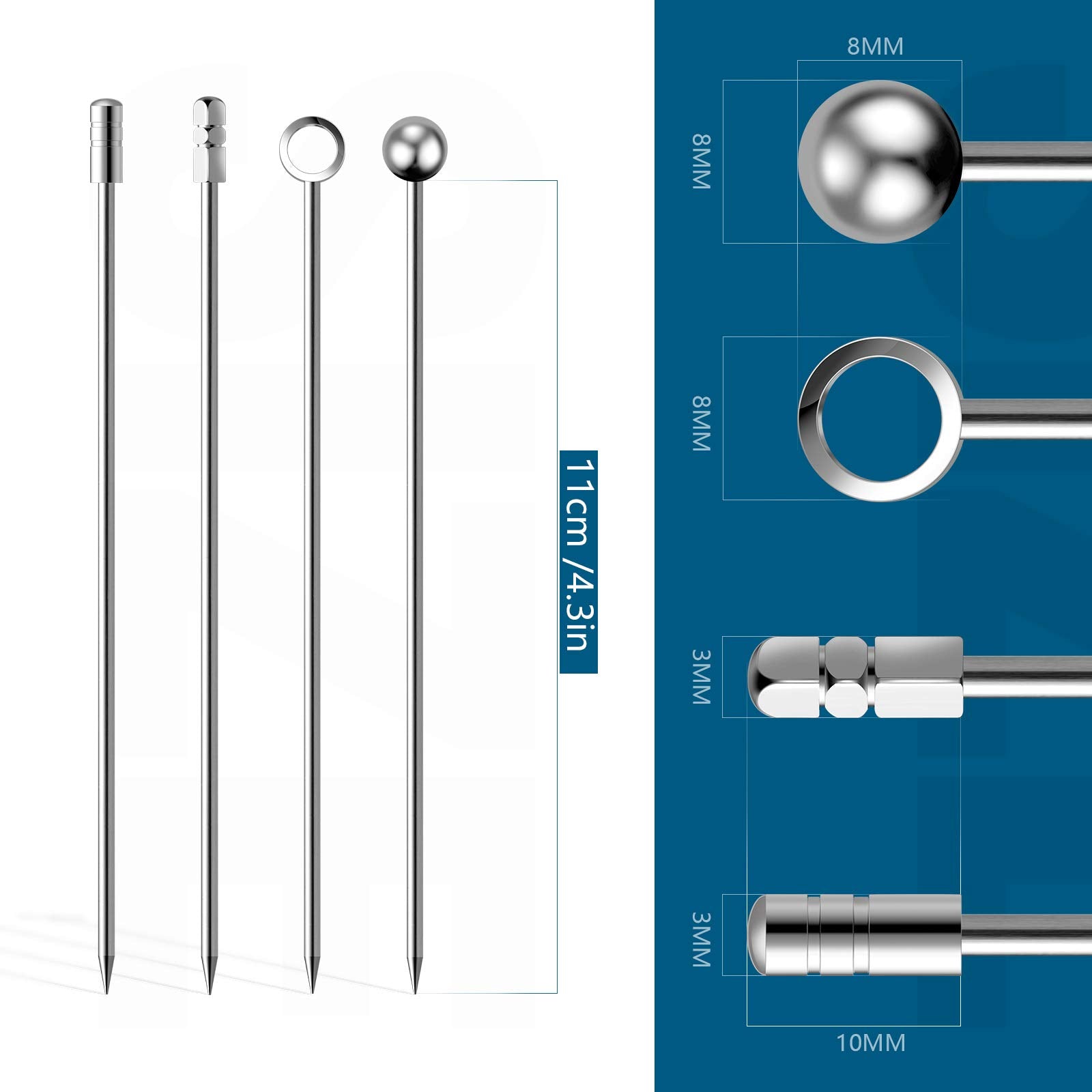 Close-up of Lasiyanor ball-end cocktail pick design securing garnishes
