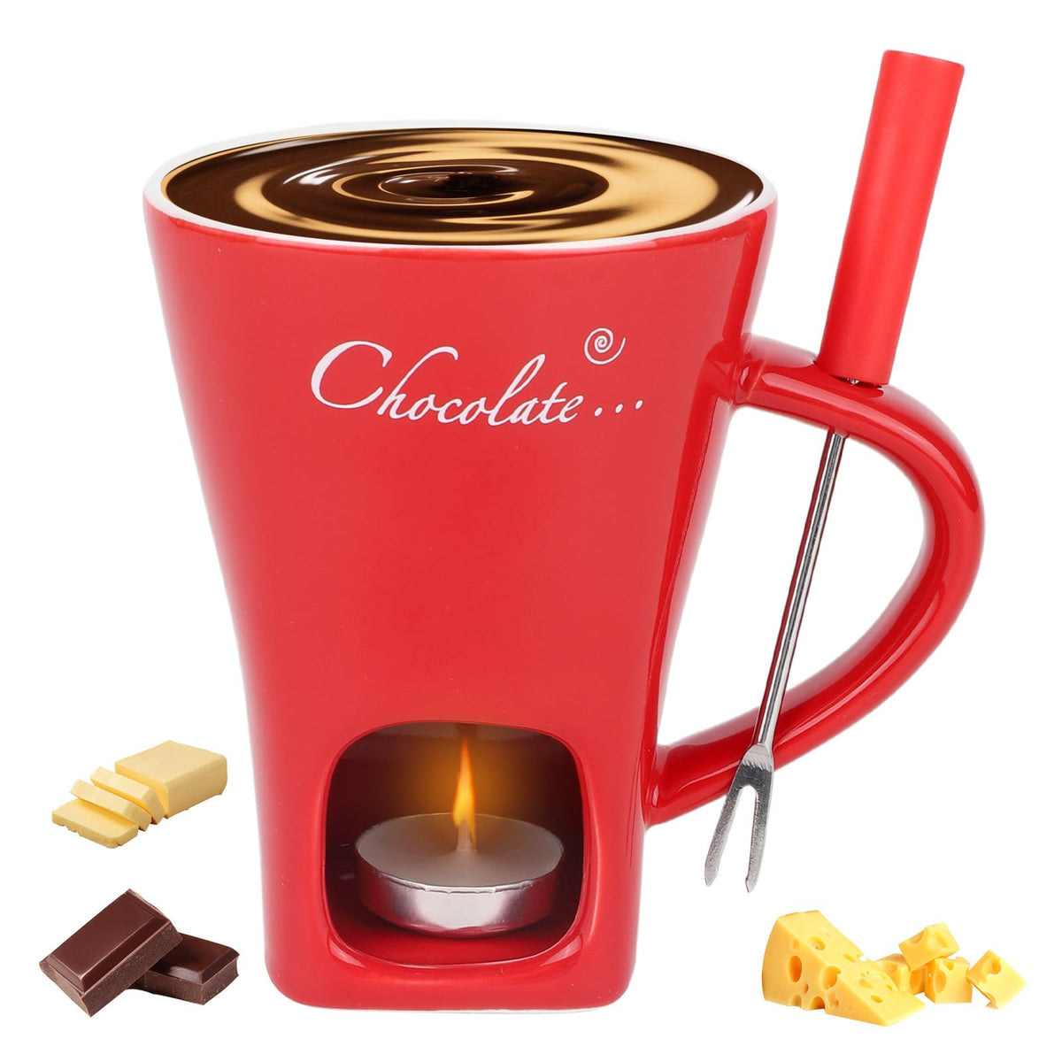 Lasuroa chocolate fondue cup red — elegant ceramic fondue mug for dipping fruits and treats.