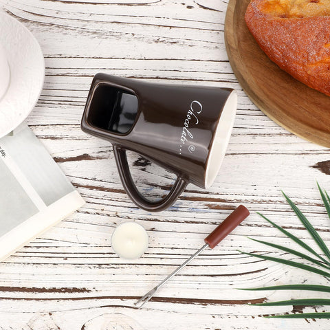 Lasuroa package includes mug, fork, and tealight for a complete fondue set