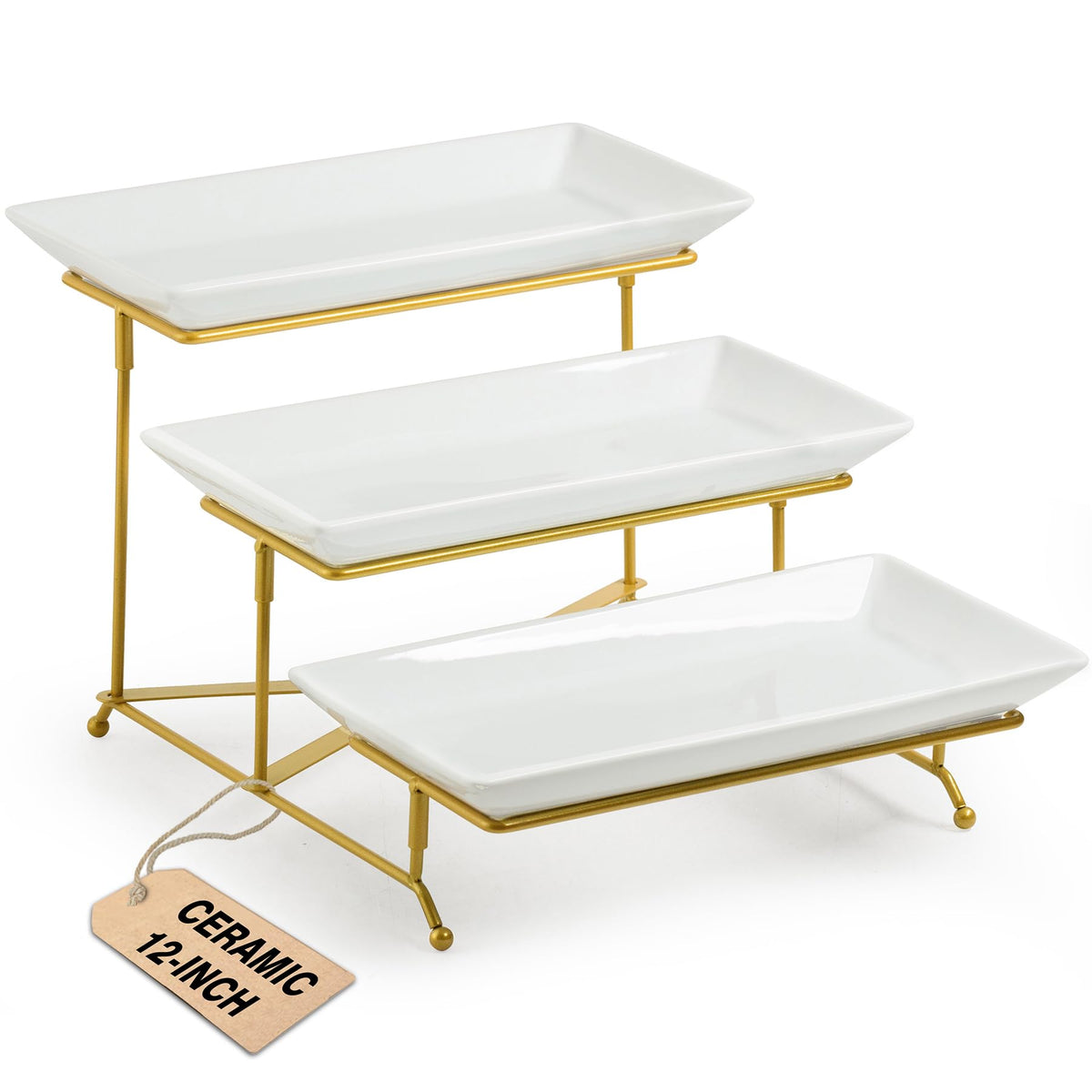 LAUCHUH 3-tier porcelain serving stand viewed head-on, ideal centerpiece for appetizers and desserts