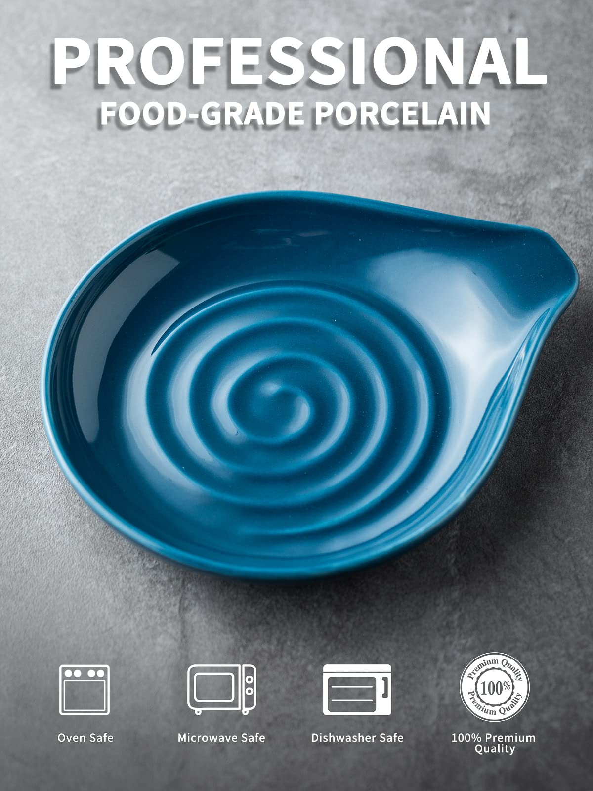 LAUCHUH blue ceramic spoon rest holds multiple utensils on the counter.