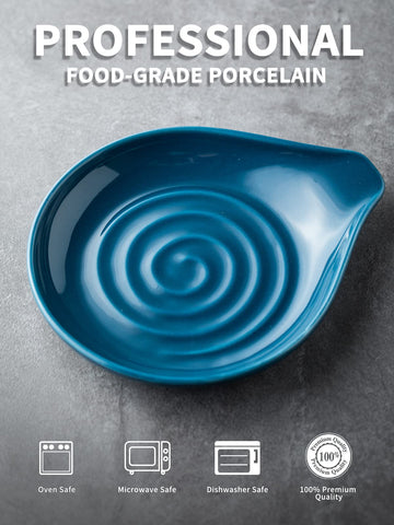 LAUCHUH blue ceramic spoon rest holds multiple utensils on the counter.