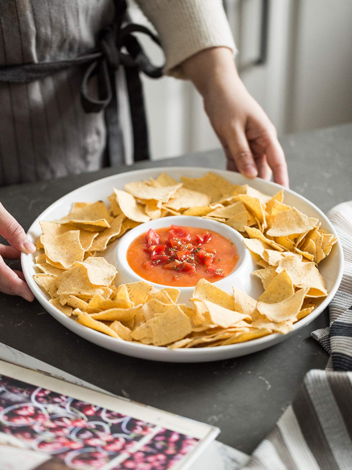 Lauchuh Christmas entertaining setup featuring the white chip and dip platter.