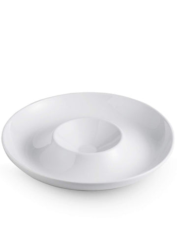 Lauchuh porcelain chip and dip set with divided sections for dips and snacks.