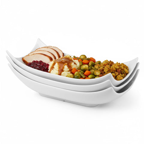 Lauchuh porcelain white serving platters with curved design for elegant entertaining.