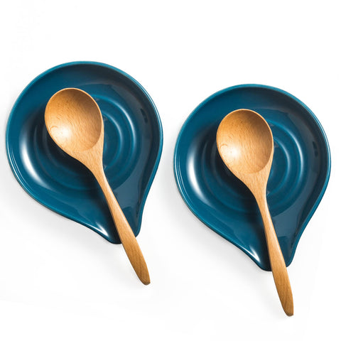 LAUCHUH ceramic spoon rest on stove top in blue, keeps countertops clean during cooking.
