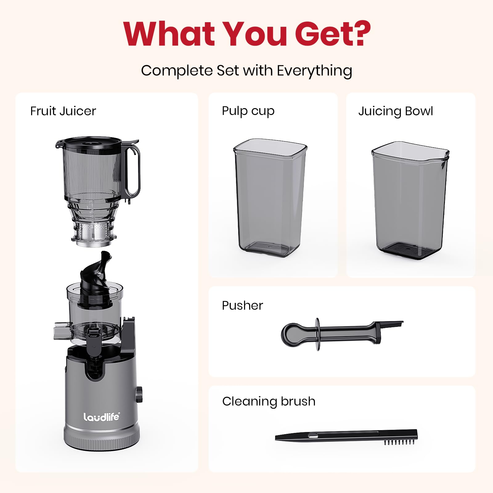 LAUDLIFE three-part easy-clean design speeds cleanup after juicing.