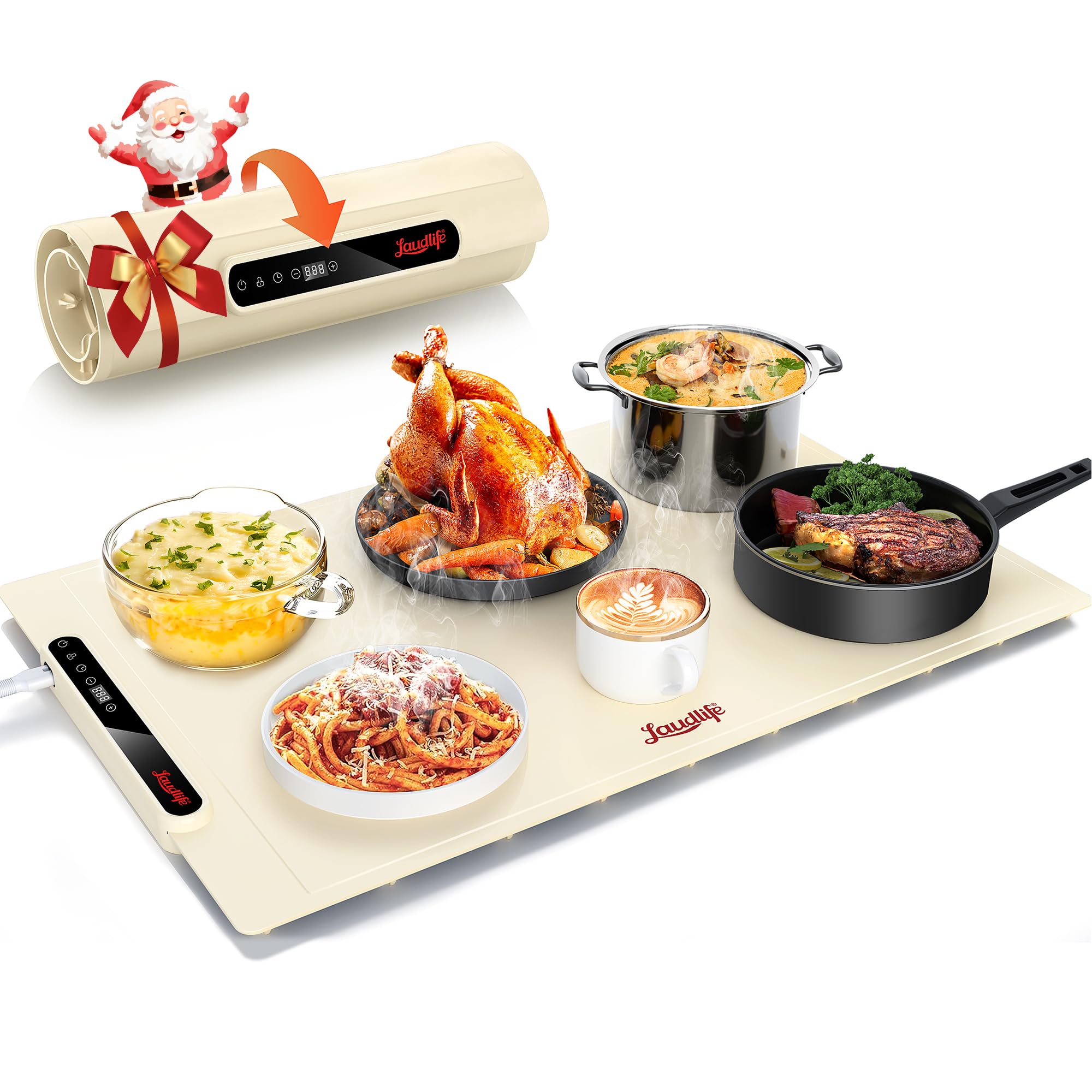 LAUDLIFE Food Warming Mat in beige keeps dishes warm at gatherings.