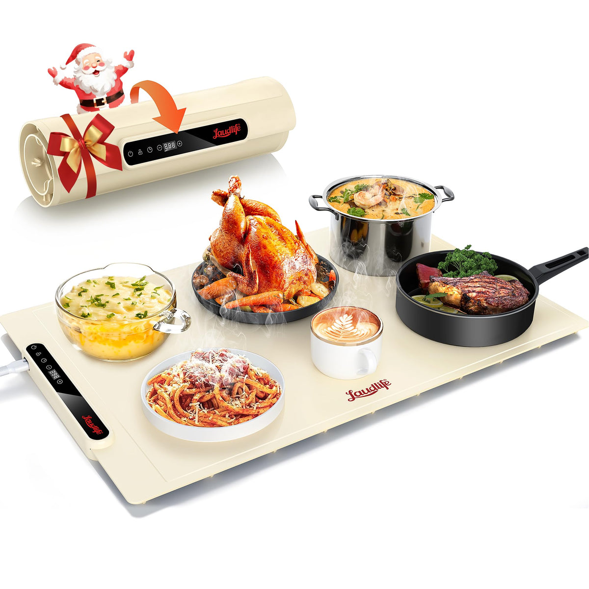 LAUDLIFE Food Warming Mat in beige keeps dishes warm at gatherings.
