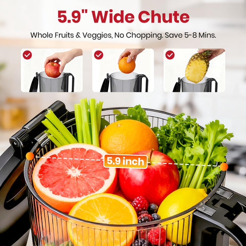 LAUDLIFE ZeroPrep shows a 5.9-inch chute for fast, prep-light juicing.