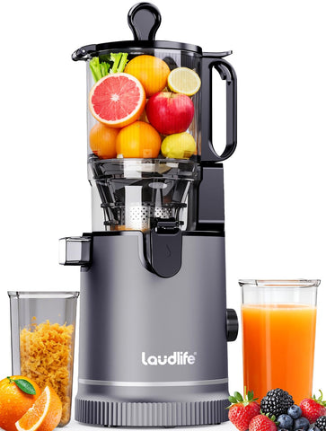 LAUDLIFE ZeroPrep juicer with wide feed chute for whole-fruit juicing and time savings.