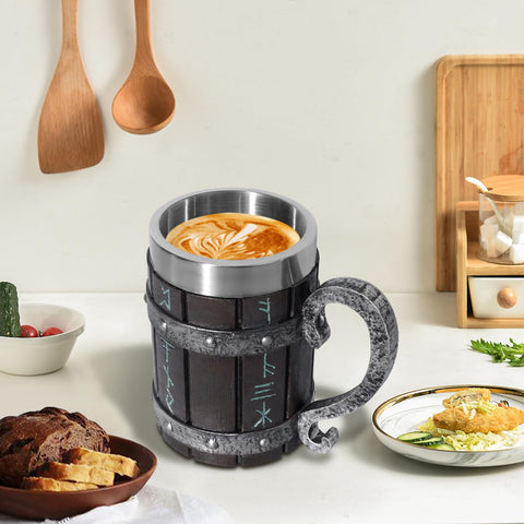 LAUGOKOBE Nordic Viking Rune Mug stainless inner emphasizes food-grade safety and easy cleaning.
