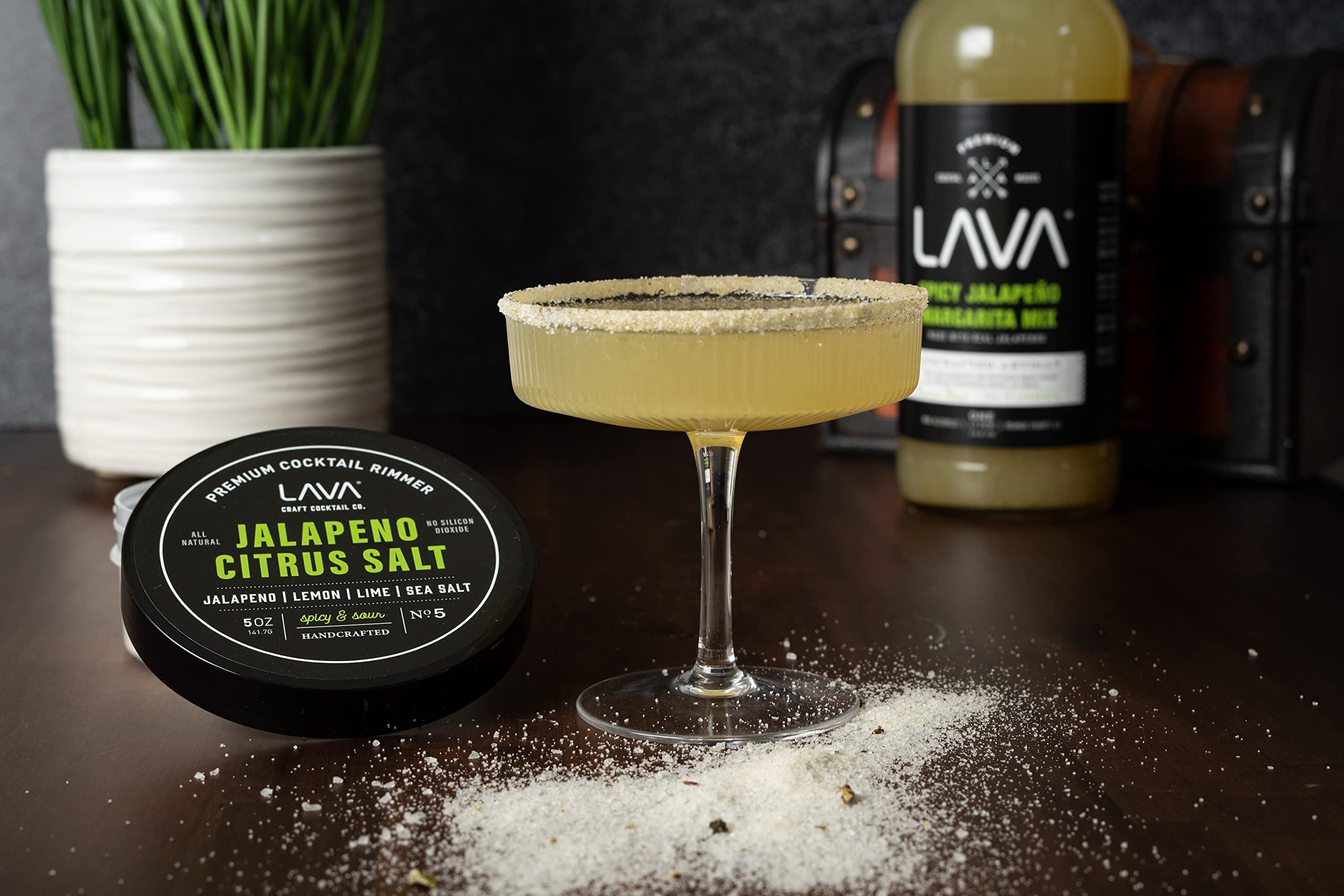 LAVA screw-on lid cocktail rimmer jar for easy airtight storage.