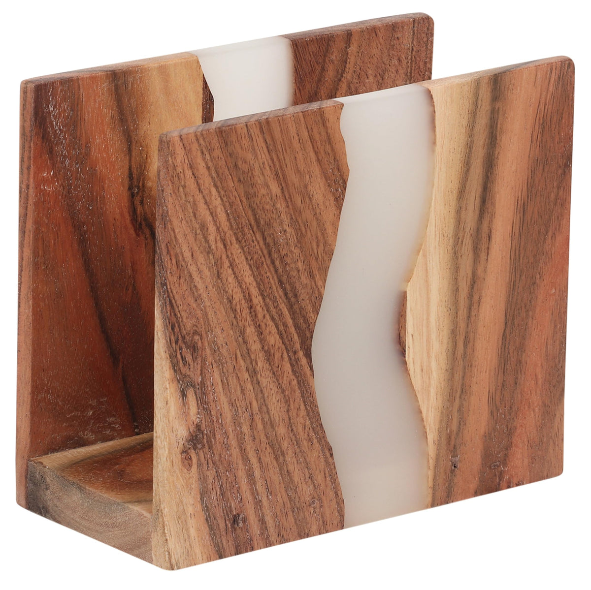 LAVAUK acacia wood napkin holder with cloudy white epoxy, elegant top view.
