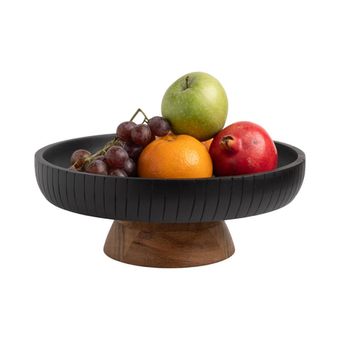 LAVAUK Mango Wood bowl with pedestal in black enhances dining table centerpiece