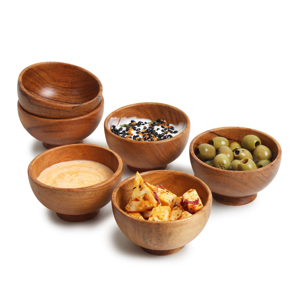Lavaux Designs acacia small bowls 6-pack on a rustic table for dips and condiments