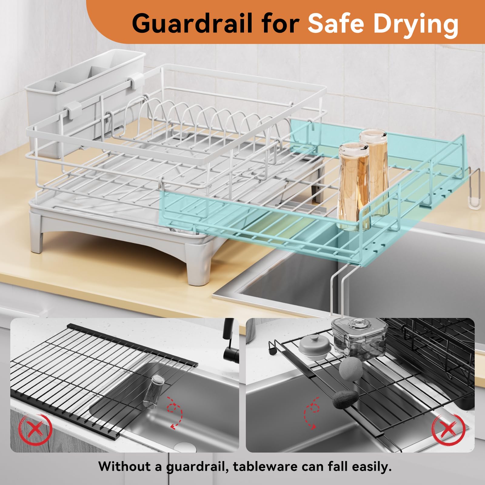 Laveshop dish drying rack adjustable-feet adapts to different sinks for stable drying.