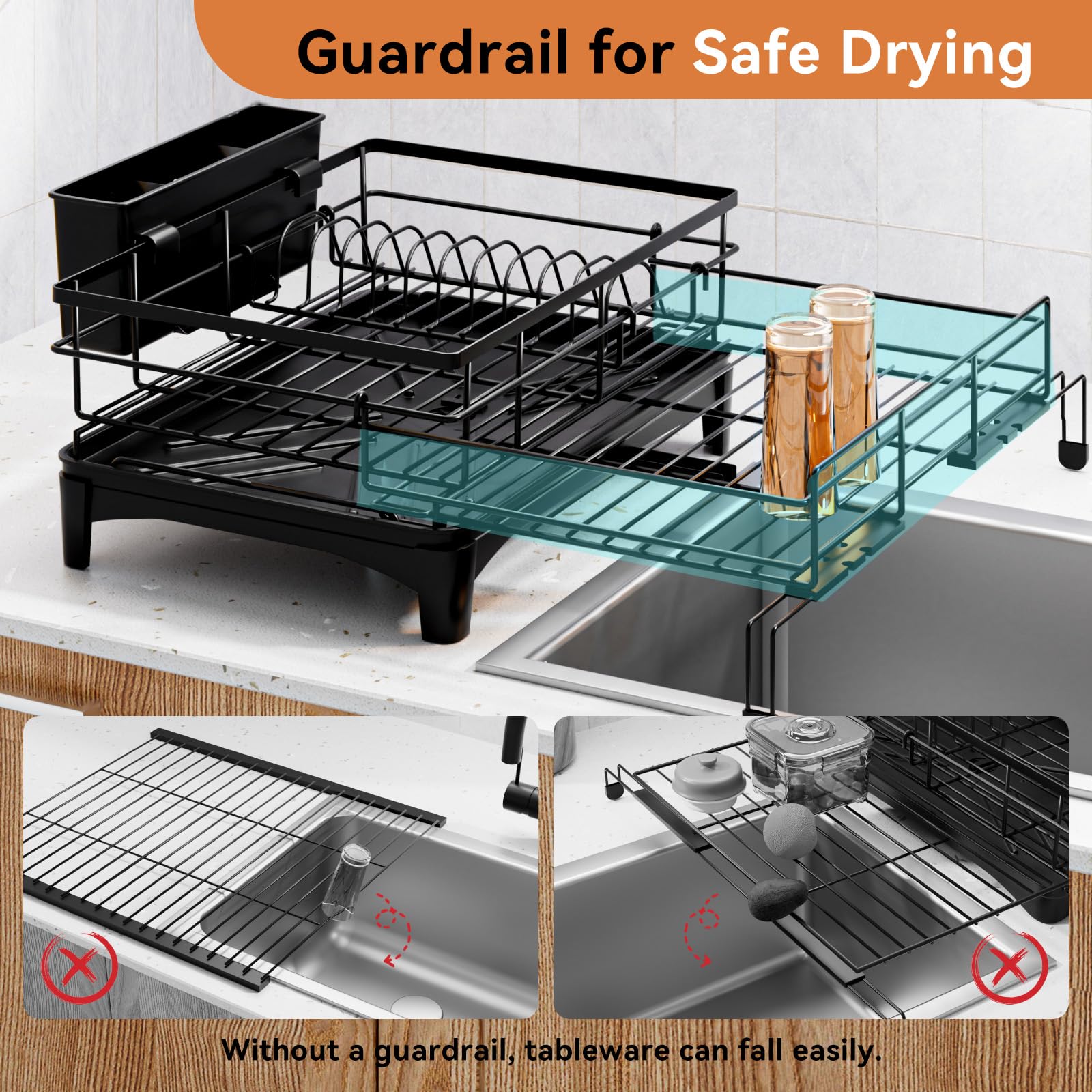Laveshop Dish Drying Rack automatic drainage directs water into sink to keep counters dry