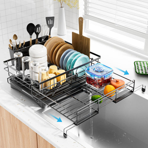 Laveshop Dish Drying Rack front view showing expandable frame for large meals