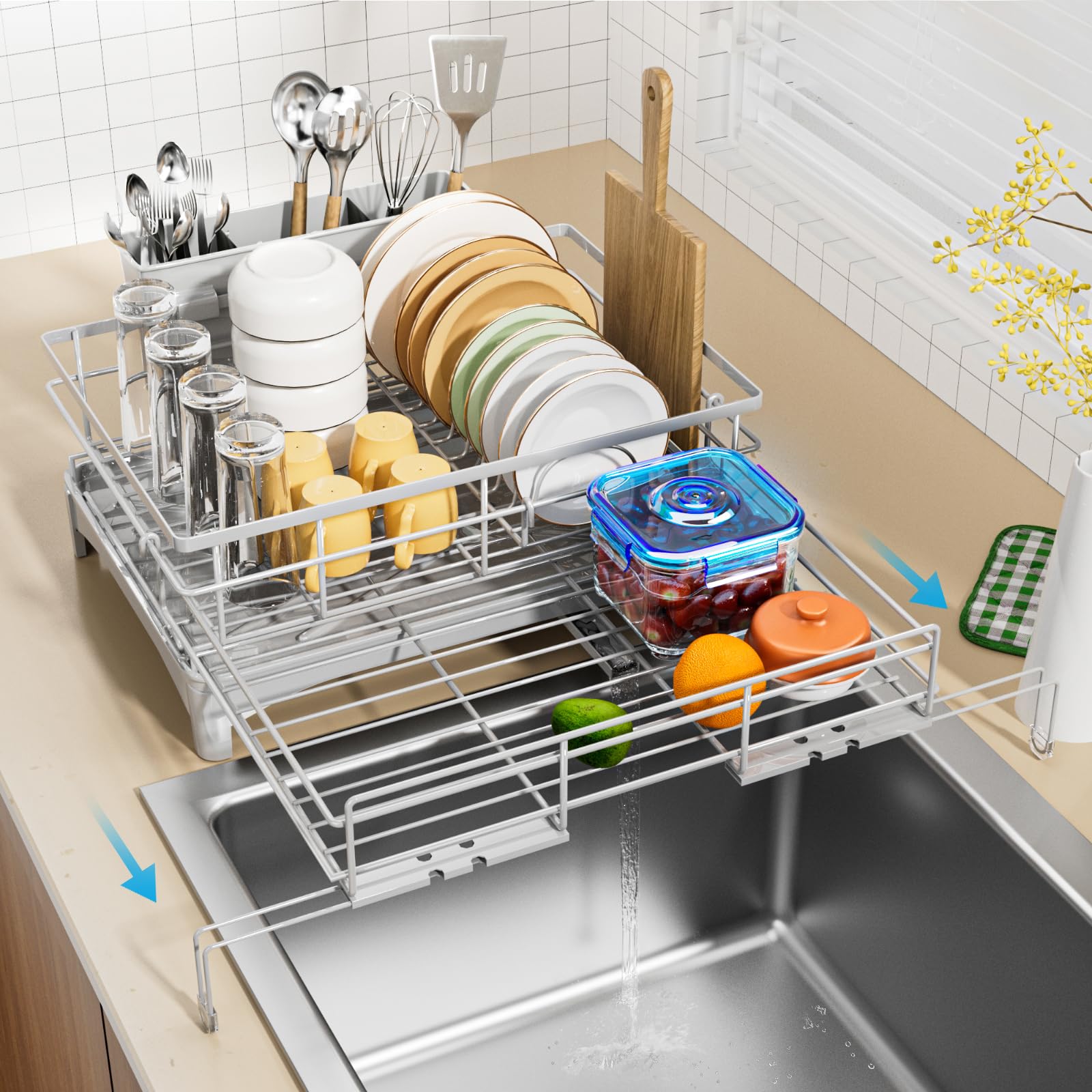 Laveshop dish drying rack extendable-design highlights expandable counter storage.