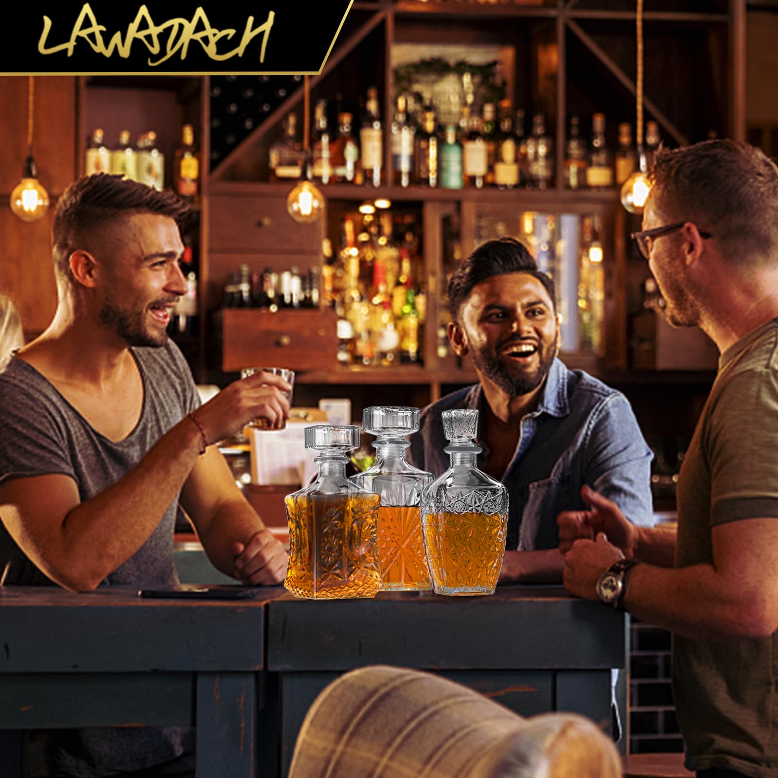 LAWADACH three-design decanter set on wood bar highlights versatile hosting