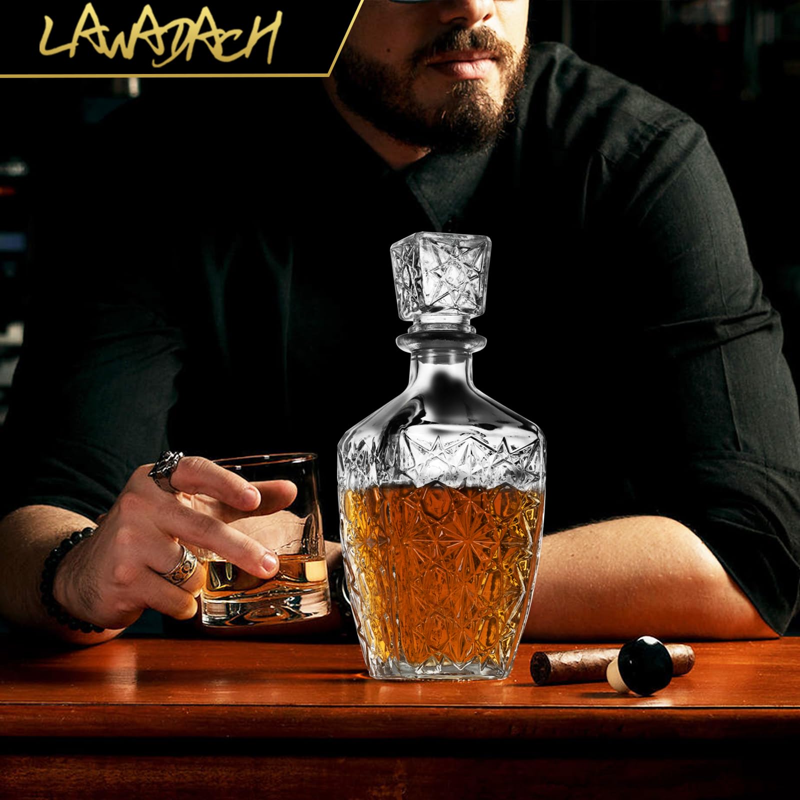 LAWADACH 28oz decanter pattern B close-up showcases craftsmanship and premium glass