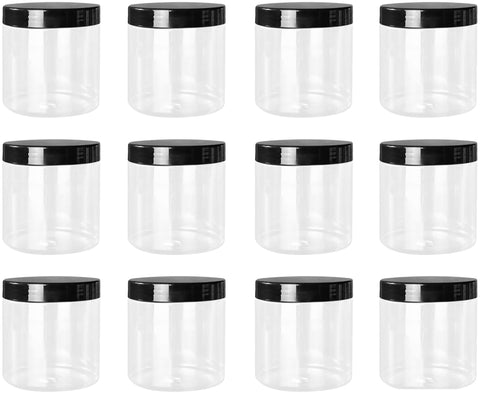 Lawei 12-pack clear jars with black lids for organized pantry storage.
