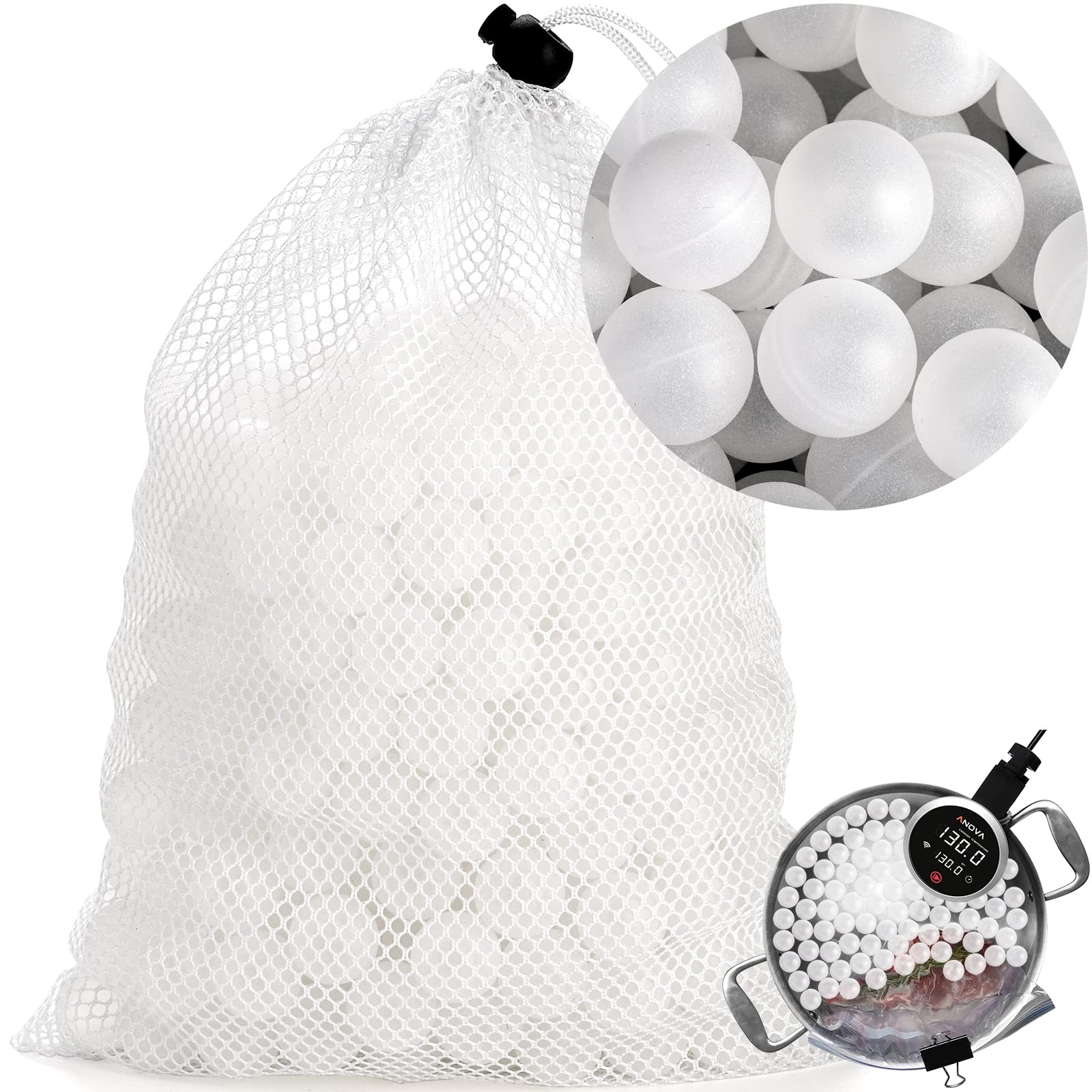 Lawei 20mm sous vide balls float in water to reduce heat loss.