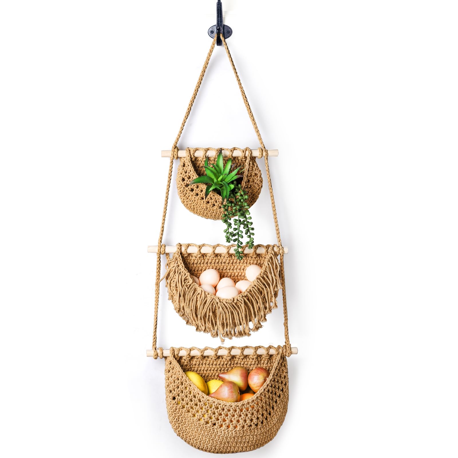 Lawei three-tier hanging fruit basket assembly demonstrates space-saving kitchen organization.