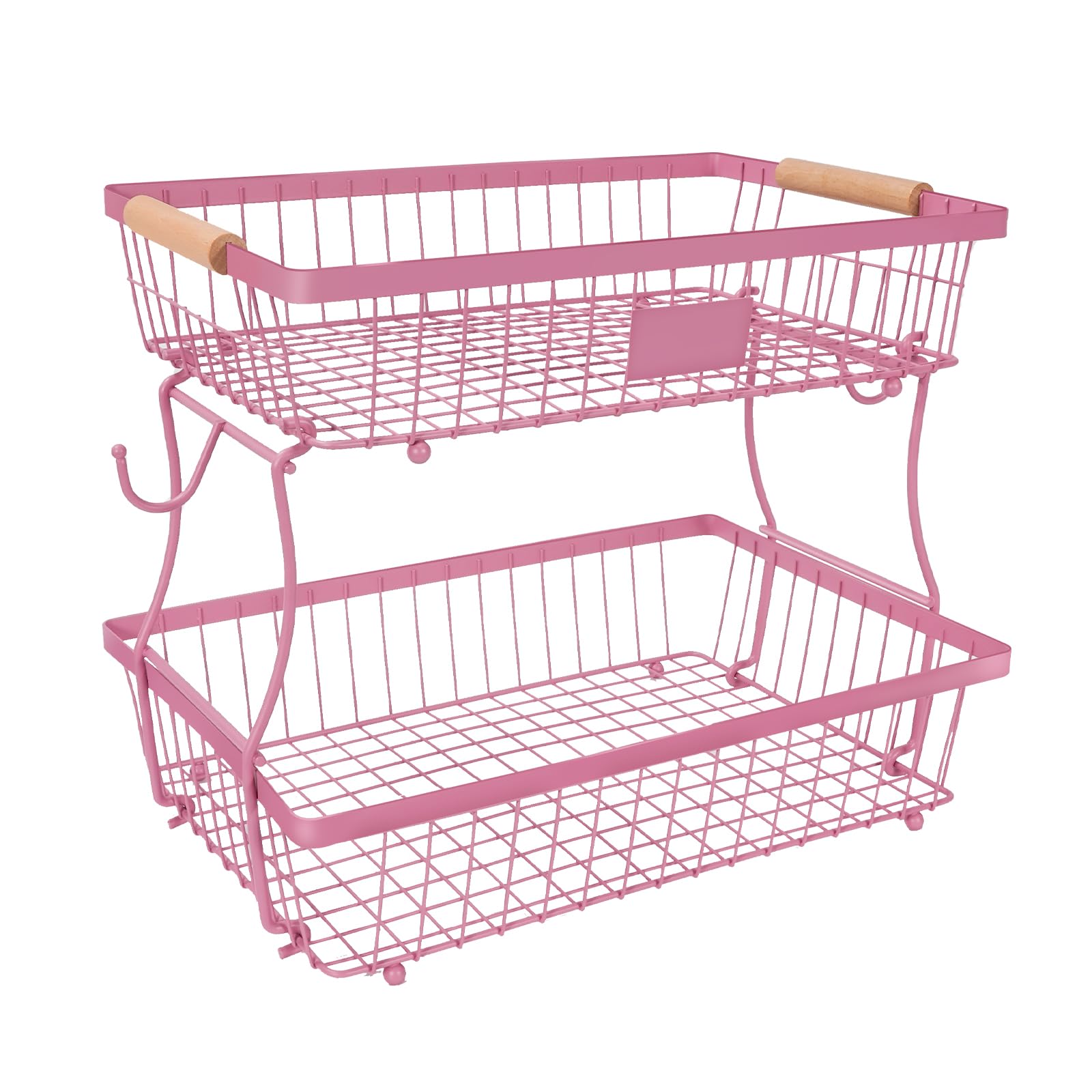 Lawhood-Mijin 2-tier pink fruit basket on countertop displaying fresh fruit and snacks.