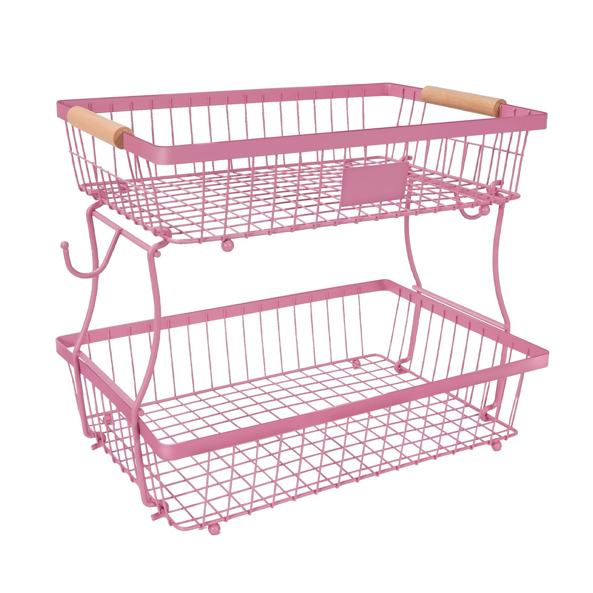 Lawhood-Mijin 2-tier pink fruit basket on countertop displaying fresh fruit and snacks.