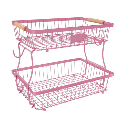 Lawhood-Mijin 2-tier pink fruit basket on countertop displaying fresh fruit and snacks.