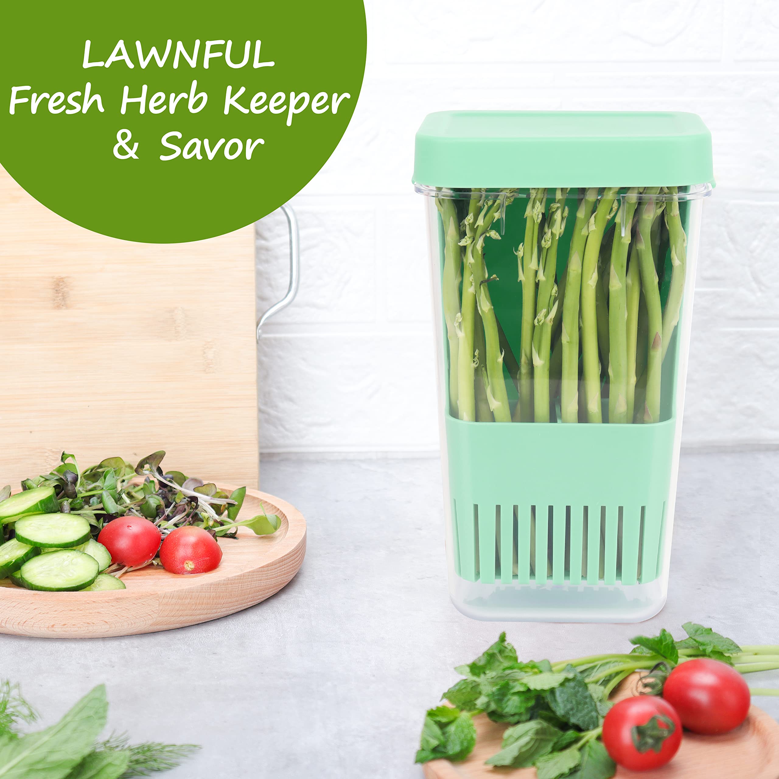 LAWNFUL herb keeper BPA-free plastic for safe fridge storage.