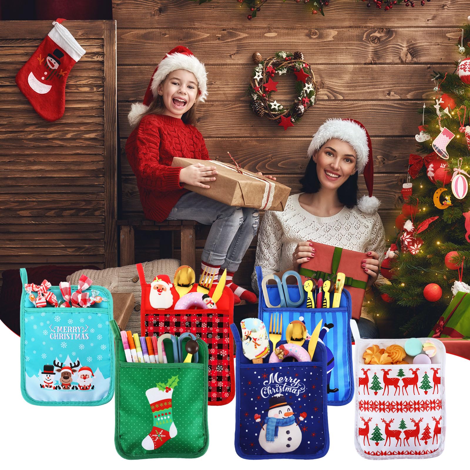 Layhit festive pattern pot holders featuring Santa and snowman in the kitchen