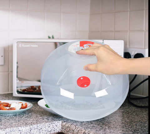 Layron large microwave cover with easy-grip handle for effortless placement.