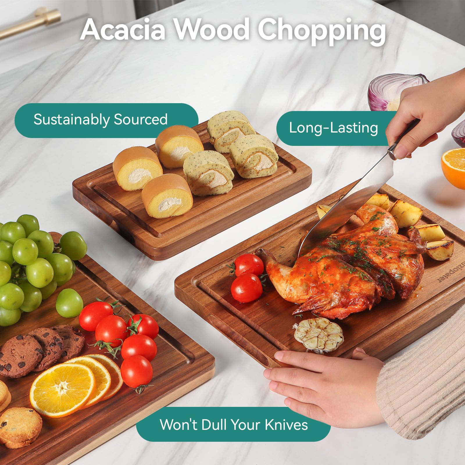 LAZIOPATER Acacia cutting board with built-in handles for easy transport