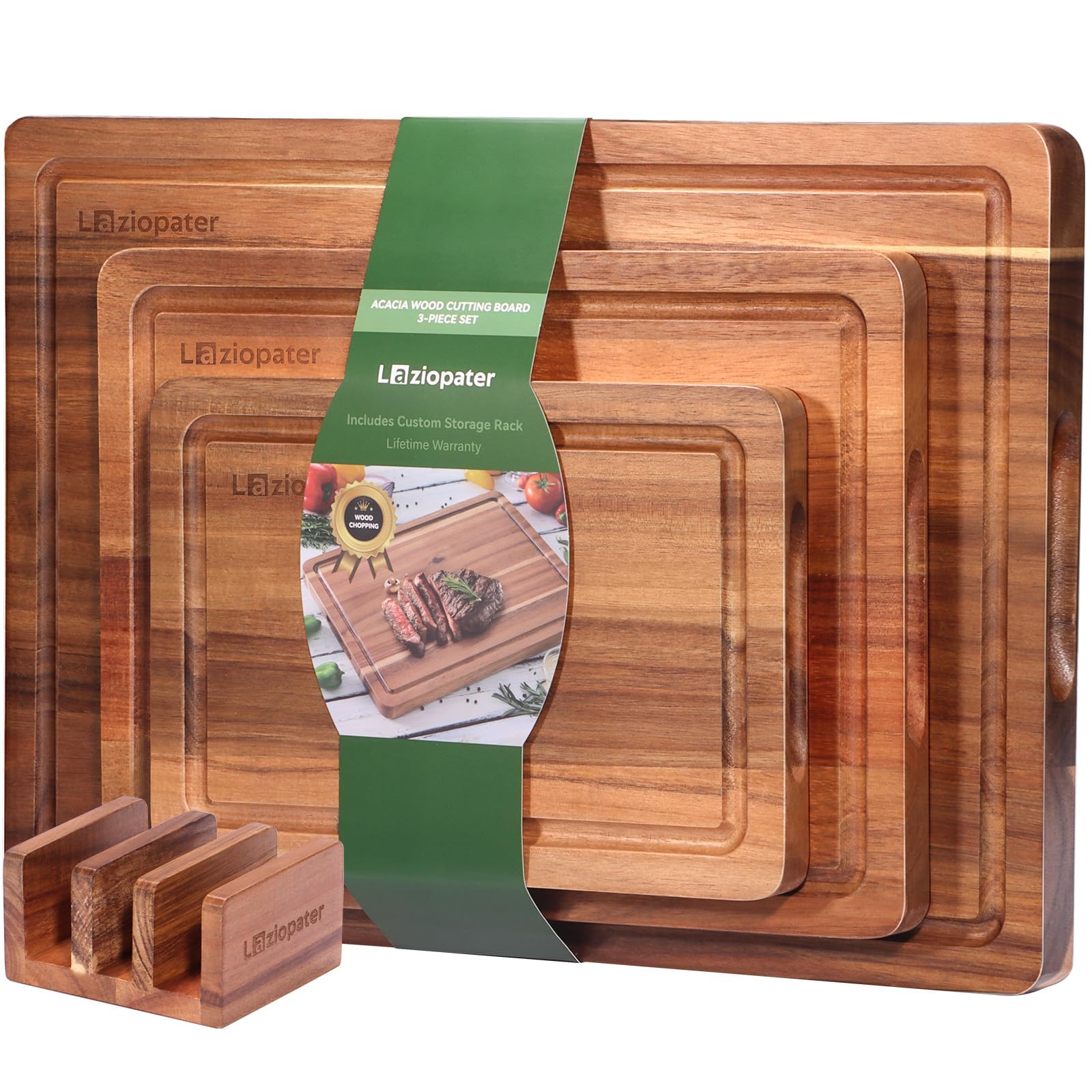 LAZIOPATER Acacia cutting board set3 with holder for organized prep