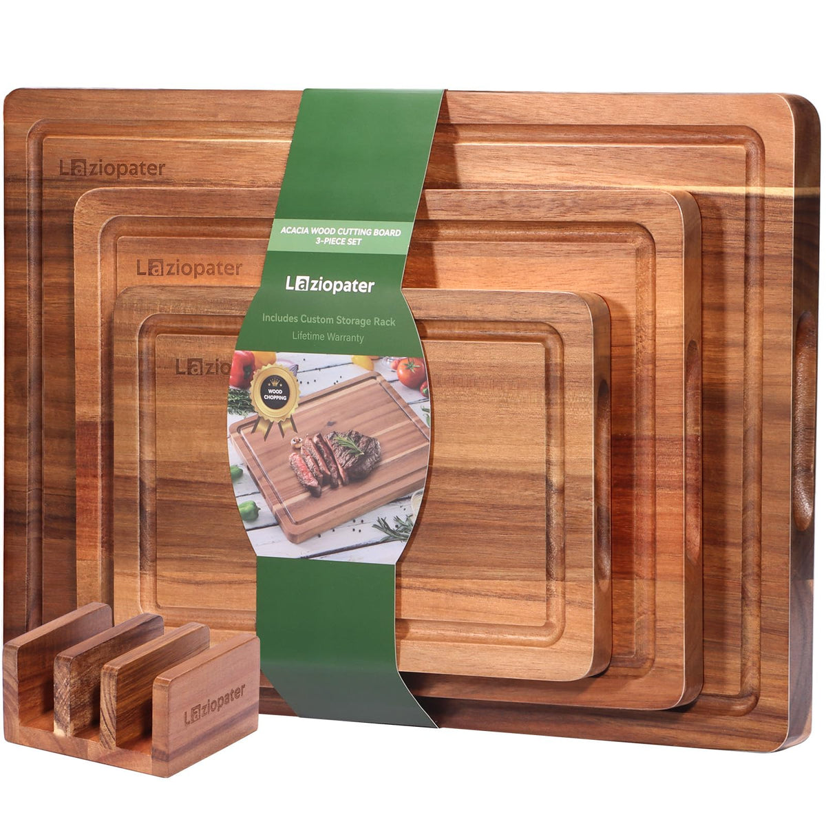 LAZIOPATER Acacia cutting board set3 with holder for organized prep
