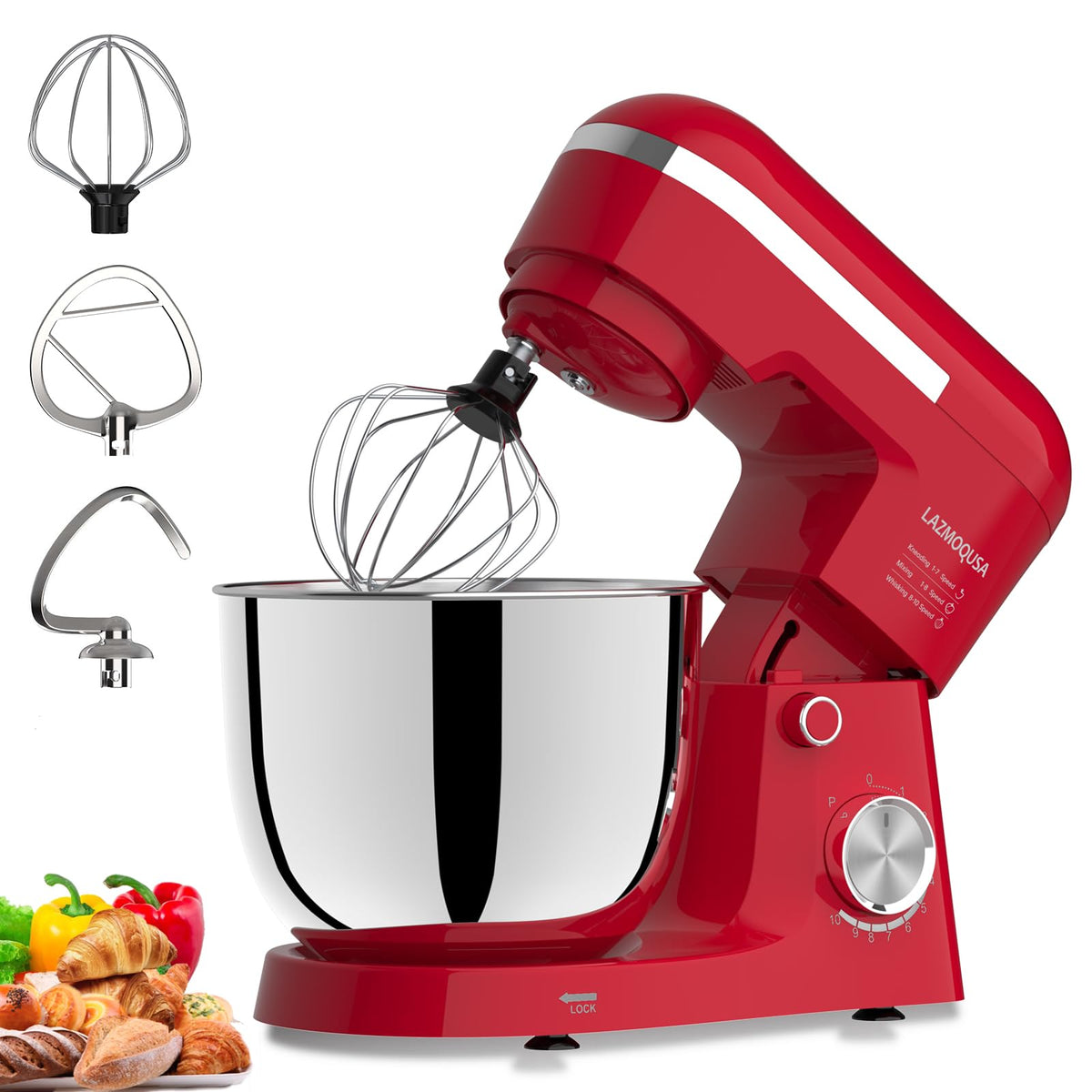 LAZMOQUSA 3-in-1 stand mixer powerful performance for quick batter and dough tasks.