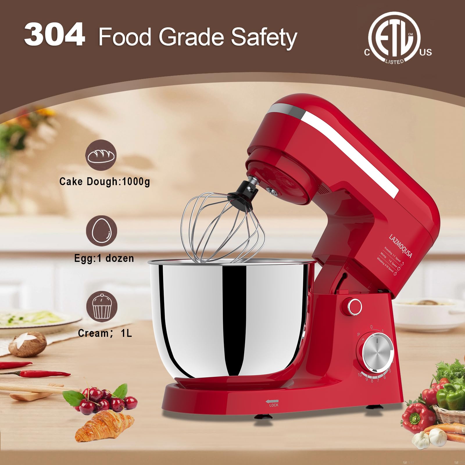 LAZMOQUSA attachments whisk, dough hook, and teflon-coated beater expand kitchen capabilities.