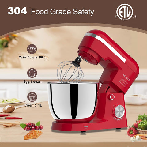 LAZMOQUSA attachments whisk, dough hook, and teflon-coated beater expand kitchen capabilities.