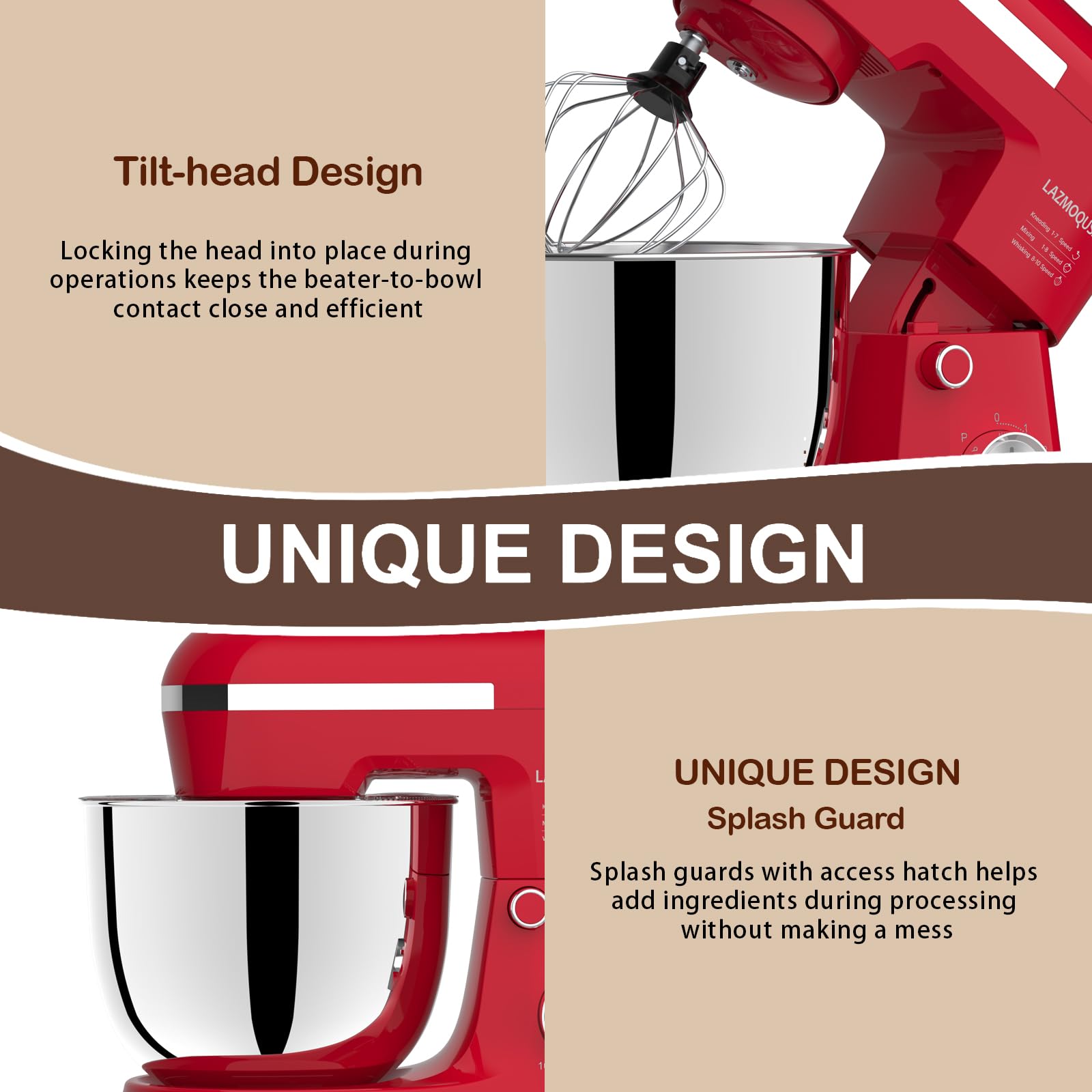 LAZMOQUSA red finish adds style while supporting daily meal prep and desserts.